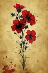 Red Flowers on Beige Background Painting