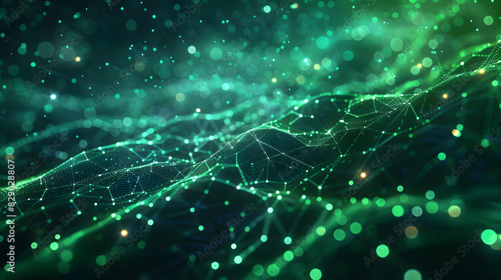 Poster abstract blue green technology background with a cyber network grid and connected particles. artific