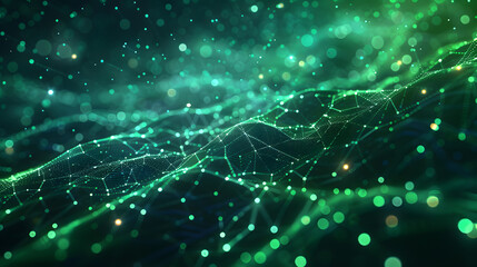 Abstract blue green technology background with a cyber network grid and connected particles. Artificial neurons, global data connections