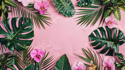 Tropical leaves and pink flowers on a pink background AI generated