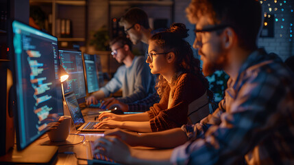 A scene showcasing a team of software developers coding, collaborating, and testing applications in a modern development environment