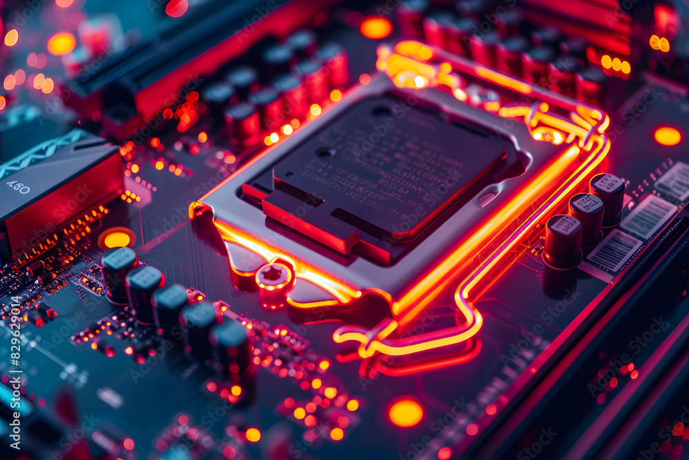 Poster a macro image of a processor or a graphic card, technological device storing memory, hardware close-