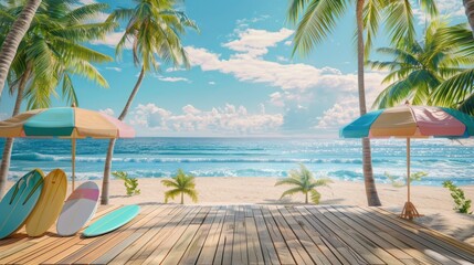 Wooden deck with summer beach, colorful umbrellas and surfboards background.