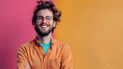 Fototapeta premium Vibrant Young Entrepreneur Pictured in Energetic Work Session on Colorful Background