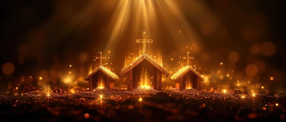 A glowing golden light shines down on a crowd gathered in front of a church.
