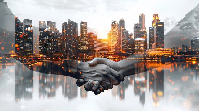A handshake between two people with a city skyline in the background. The image represents partnership, collaboration, and success in a modern urban environment.