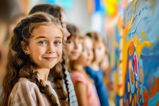 A group of happy children smiling during an art class at school. They are engaged in creative activities and enjoying their time together.