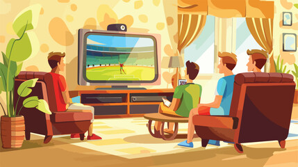 Young friends watching TV in living room. Sport chann