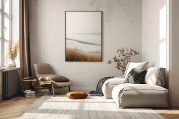 Scandinavian-style living room with neutral tones, minimalist decor, and a clear wall mockup for Scandinavian art. 3D rendering.. Beautiful simple AI generated image in 4K, unique.