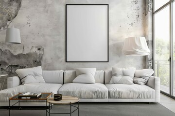 White Mockup poster blank frame on a pastel-colored wall with minimalistic furniture. Beautiful simple AI generated image in 4K, unique.