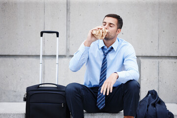Business, man and unemployed drunk with alcohol or wall background in city with luggage, travel or...