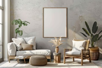 White Mockup poster blank frame on a pastel-colored wall with minimalistic furniture. Beautiful simple AI generated image in 4K, unique.