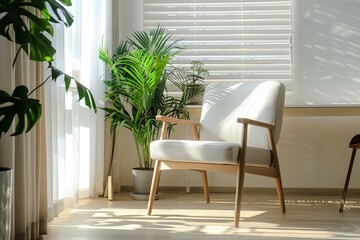 White Mockup poster blank frame on a pastel-colored wall with minimalistic furniture. Beautiful simple AI generated image in 4K, unique.