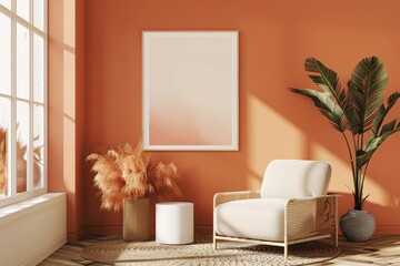 A blank mockup with a wood frame hangs on an off-white wall in a sunlit living room, offering a versatile and customizable space.. Beautiful simple AI generated image in 4K, unique.