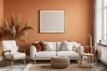 A stylish space with a white frame mockup on the wall, mid-century chair, marble side table, and a succulent.. Beautiful simple AI generated image in 4K, unique.