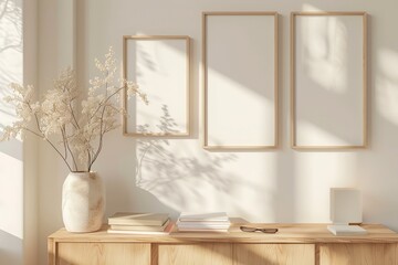 Mock up frame in home interior background,
 white room with natural wooden furniture, Scandi-Boho style, 3d render. Beautiful simple AI generated image in 4K, unique.