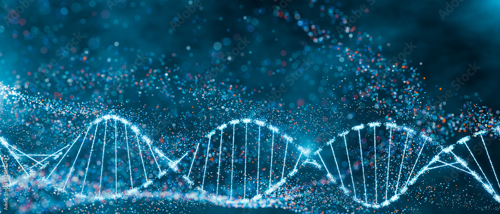 Wall mural dna double helix with sparkling nodes in a dynamic blue environment. genomic sequencing, molecular b