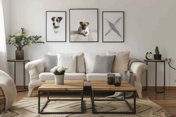 A stylish space with a white frame mockup on the wall, mid-century chair, marble side table, and a succulent.. Beautiful simple AI generated image in 4K, unique.