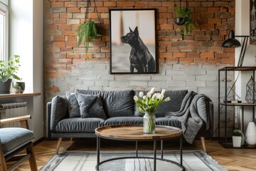 Scandinavian-style living room with neutral tones, minimalist decor, and a clear wall mockup for Scandinavian art. 3D rendering.. Beautiful simple AI generated image in 4K, unique.