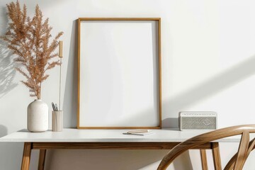 Mock up frame in home interior background,
 white room with natural wooden furniture, Scandi-Boho style, 3d render. Beautiful simple AI generated image in 4K, unique.