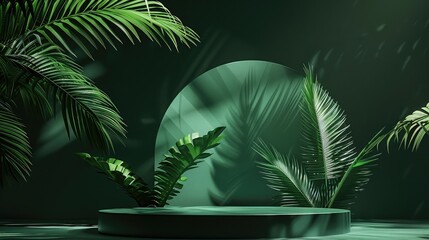 Advertising - podium photo of background, palm pattern, tropical, night club Green elegant podium and minimal abstract background,3d rendering geometric shape, Stage for awards 