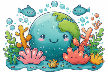 “Happy Earth Surrounded by Cartoon Marine Life”