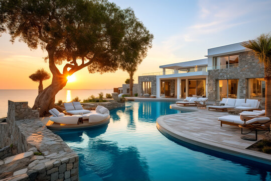 Luxury resort villa with ocean view and infinity pool at sunset
