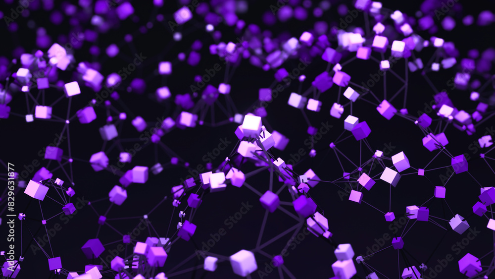 Poster abstract animation of waves made of cubes and grid. design. colored cubes moving in waves in common 