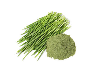 Pile of wheat grass powder and fresh sprouts isolated on white, top view