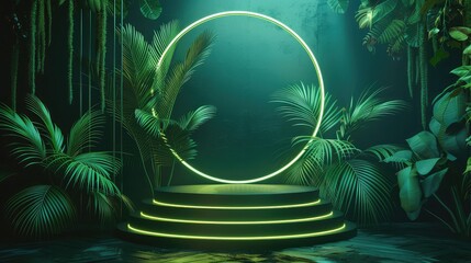 Advertising - podium photo of background, palm pattern, tropical, night club Green elegant podium and minimal abstract background,3d rendering geometric shape, Stage for awards 