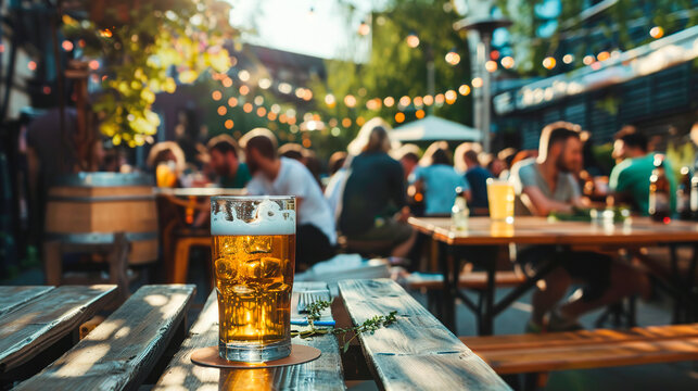 Cold craft beer in glass on wooden table at street cafe with blurred background