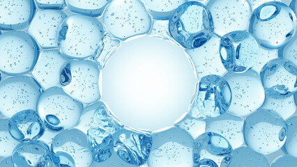 3D rendering of clear blue water bubbles forming a circular frame on a light blue background. Water purification, hydration products, or scientific content with central copy space.