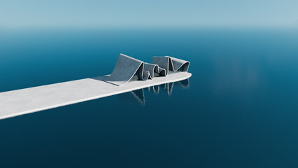 Minimalist architectural design on water. 3D render of abstract wavy buildings on a pier over the...