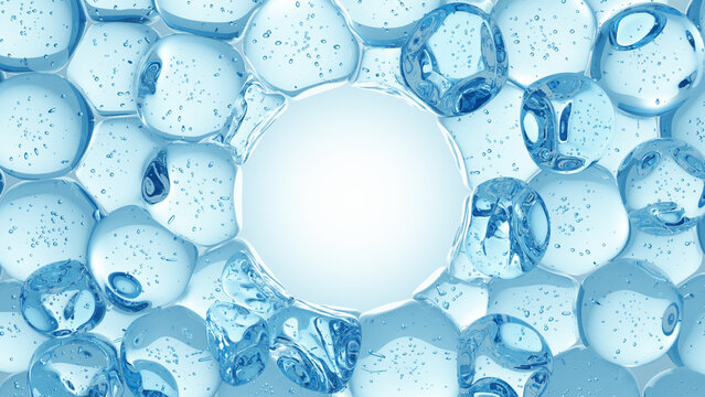 3D rendering of clear blue water bubbles forming a circular frame on a light blue background. Water purification, hydration products, or scientific content with central copy space.