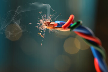 Sparking wiring on blurred background, closeup view