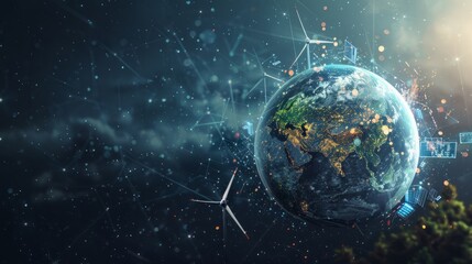 Naklejka premium A digital rendering of Earth with green energy symbols like wind turbines and solar panels, green Planet, dynamic and dramatic compositions, with copy space