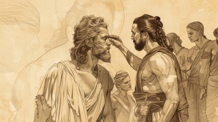 Fototapeta premium Biblical Illustration: Samson's Hair Cut by Delilah, Philistines in Shadows, Strength Lost, Beige Background, Copyspace