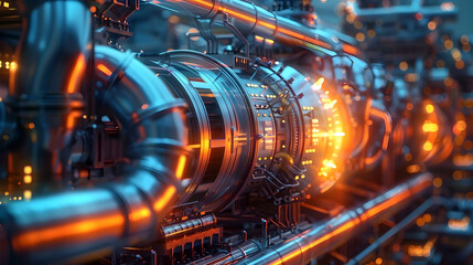 Colossal Energy Complex with Towering Turbines and Luminous Control Panels in a Retrofuturistic Cinematic Landscape