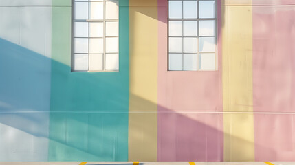  a retro interior wall background, with vertical stripes in pastel blue, yellow, and pink. Two large windows with frosted glass panes cast soft shadows on the wall and floor