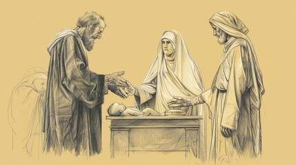 Fototapeta premium Biblical Illustration: Presentation at Temple, Simeon and Anna, Baby Jesus Blessed, Parents Watching, Beige Background, Copyspace