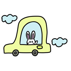 Hand drawn bunny driving in a car for travel, trip, vacation, journey, transportation, sticker, holidays, zoo, icon, activity, vehicle, plush toy, doll, cute patches, adventure, easter, animal print