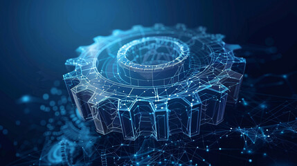 A vector wireframe of gears on a dark blue background. Symbolizes mechanical technology, machine engineering, project development, engine mechanics, and business planning illustration.