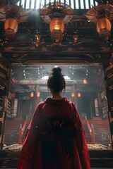 Contemplative Woman in Ornate Crimson Kimono at Entrance of Grand Wooden Japanese Castle with Detailed Architectural Flourishes and Hanging Paper