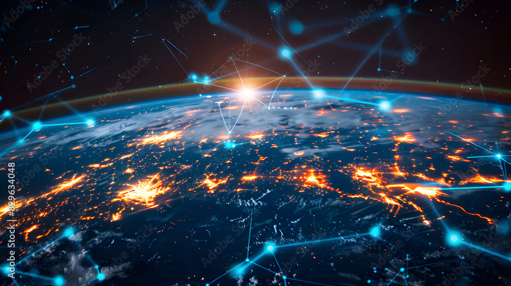 Poster tech devices and icons connected to digital planet earth