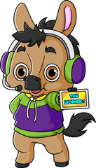 Cute horse Playing Game With Headphone Cartoon
