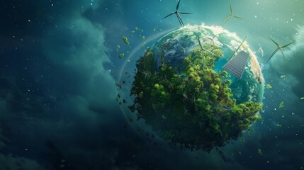 Obraz premium A digital rendering of Earth with green energy symbols like wind turbines and solar panels, green Planet, dynamic and dramatic compositions, with copy space