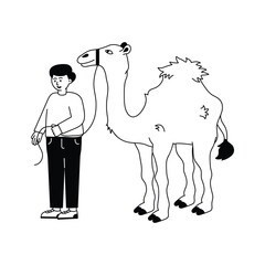 A muslim boy with camel, premium illustration of camel care, animal love