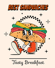 Poster with sandwich in groovy style. Food and drinks. Quick snack. Y2k element and shapes. Comic and character. Retro drink with people face and hands and legs. Alcohol. Psychedelic and hippie. 2000s