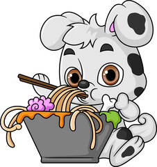 Naklejka premium Cute dog Eating noodle Bowl With Chopstick