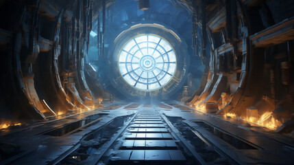 Obraz premium A detailed view of a futuristic industrial tunnel featuring a large circular window, with warm lighting and metallic textures.